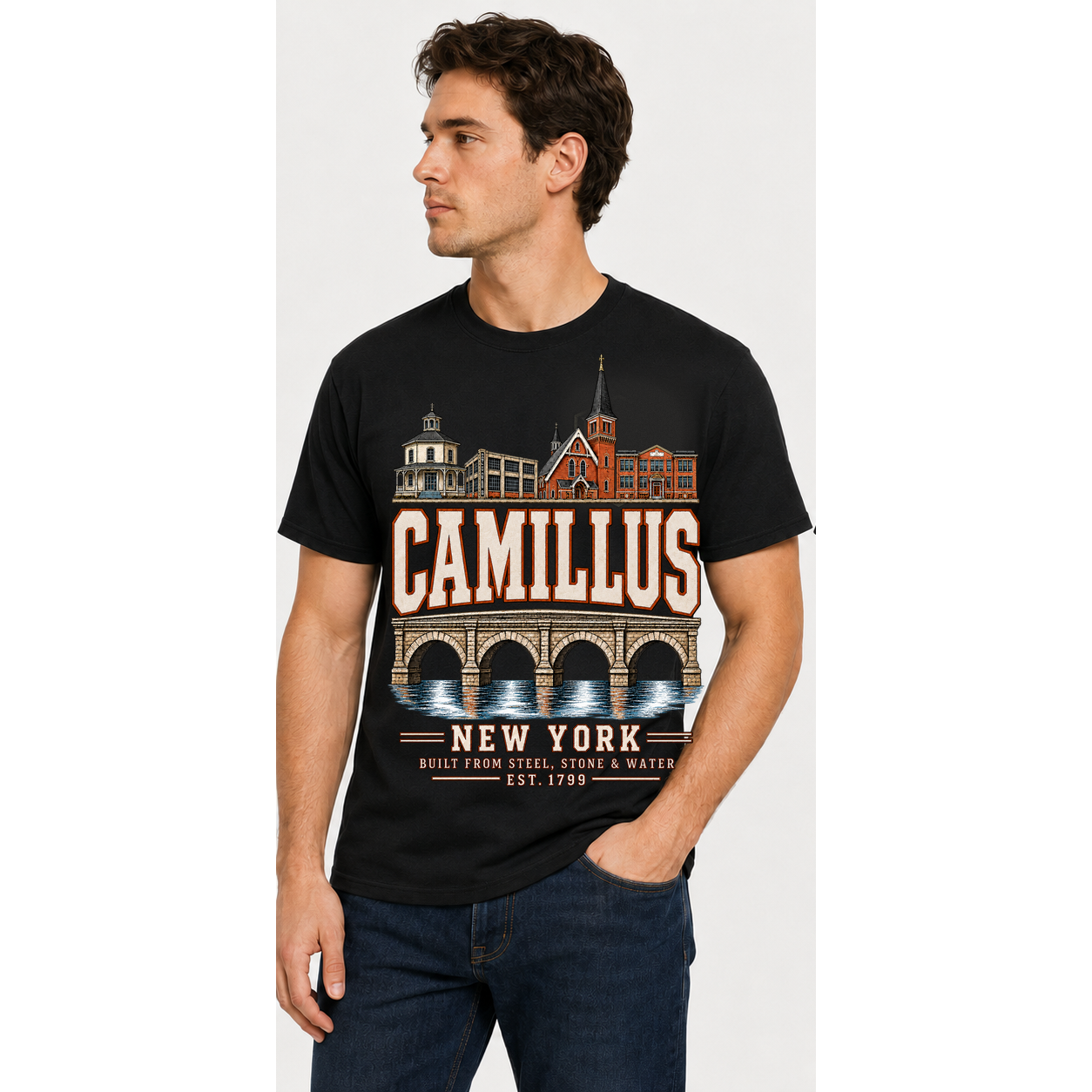 F2F Camillus Built From Steel Stone and Water black tee on model, front view