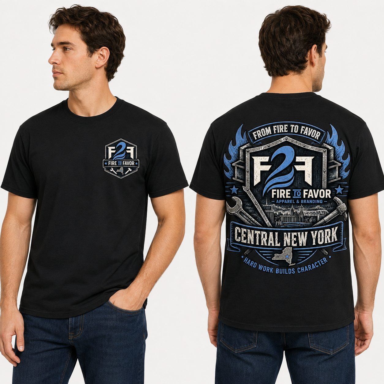 F2F Original Central New York Hard Work Builds Character black tee on model, front left-chest and back artwork views