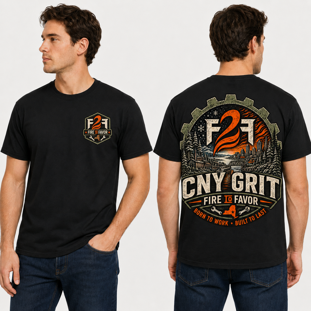 F2F Original CNY Grit black tee on model, front left-chest and back artwork views