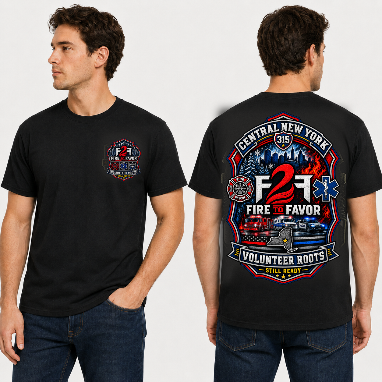 F2F Volunteer Roots black tee on model, front and back views