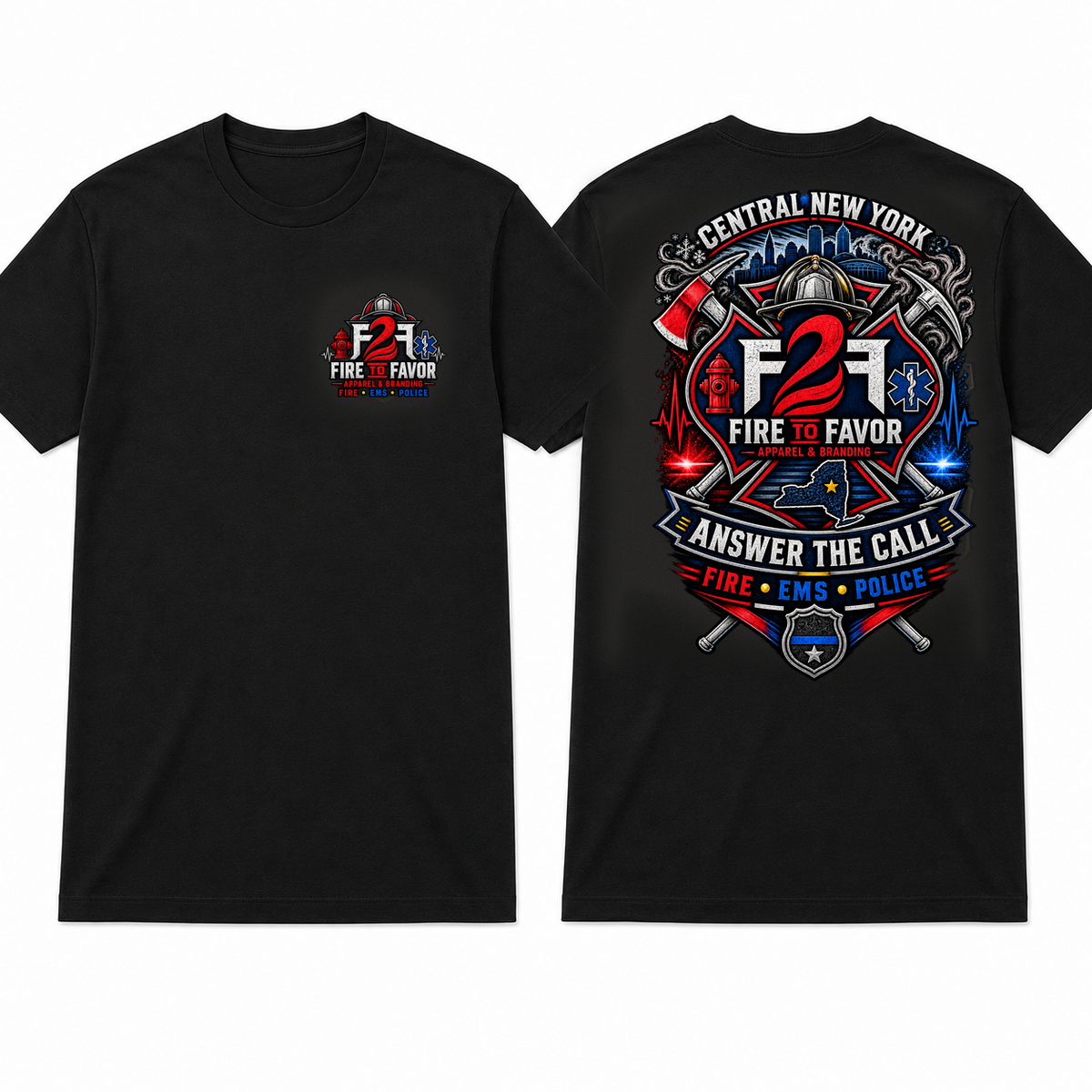 F2F Answer the Call black tee, apparel front and back views