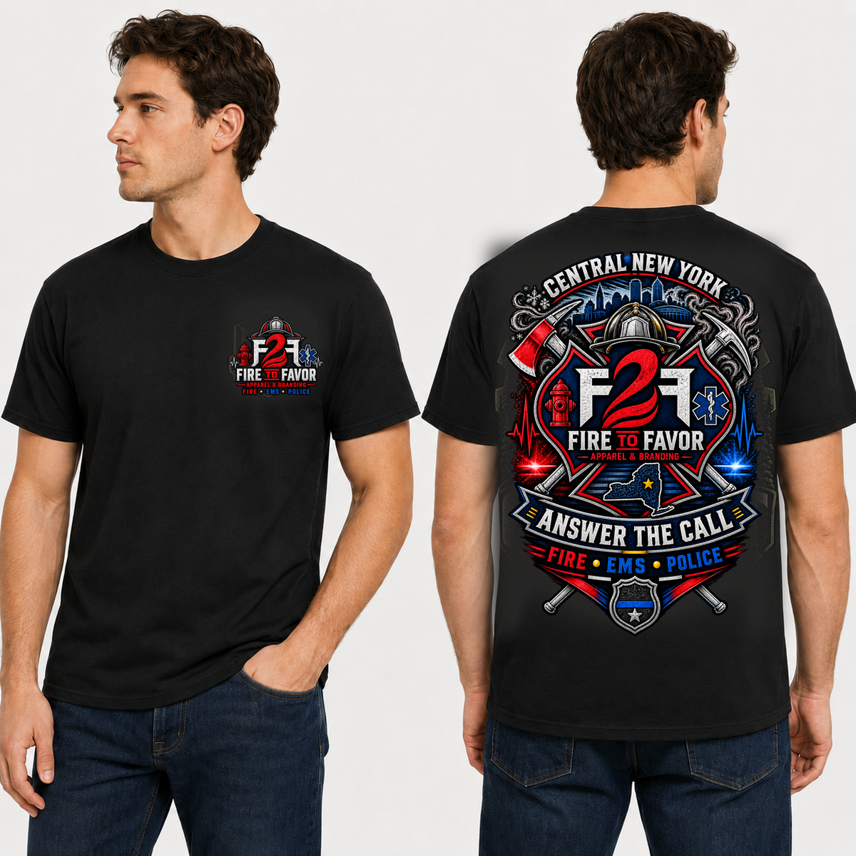 F2F Answer the Call black tee on model, front and back views