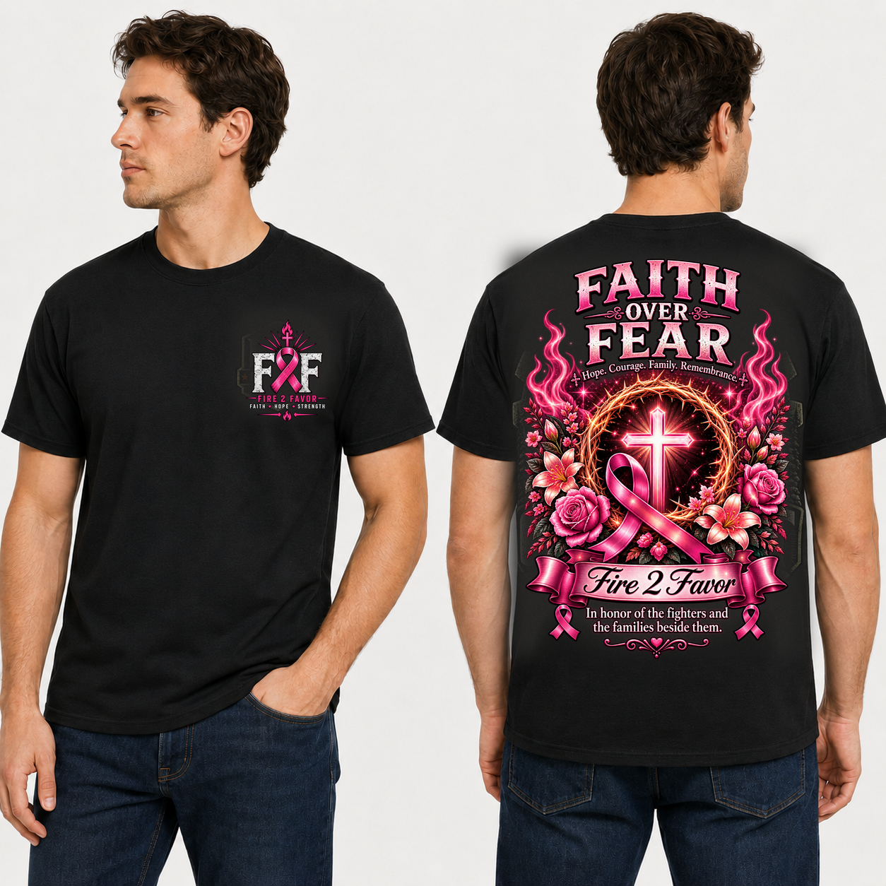 F2F Breast Cancer Faith Over Fear black tee on model, front and back views