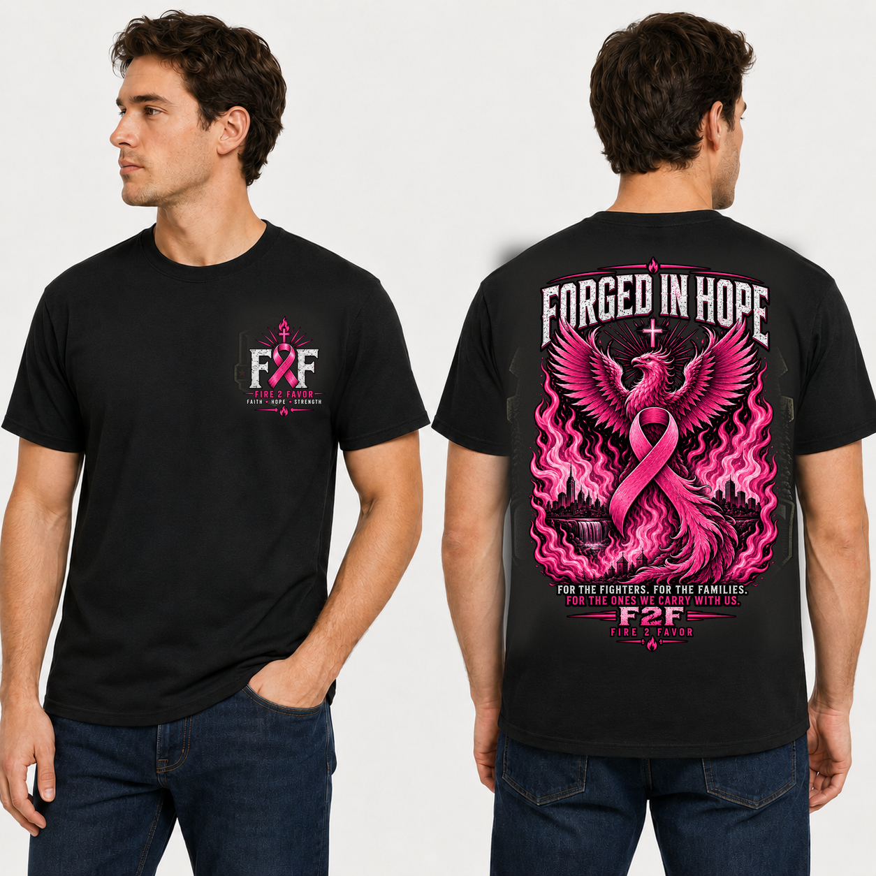 F2F Breast Cancer Forged in Hope black tee on model, front and back views