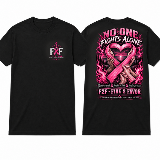 F2F Breast Cancer No One Fights Alone black tee, apparel front and back views