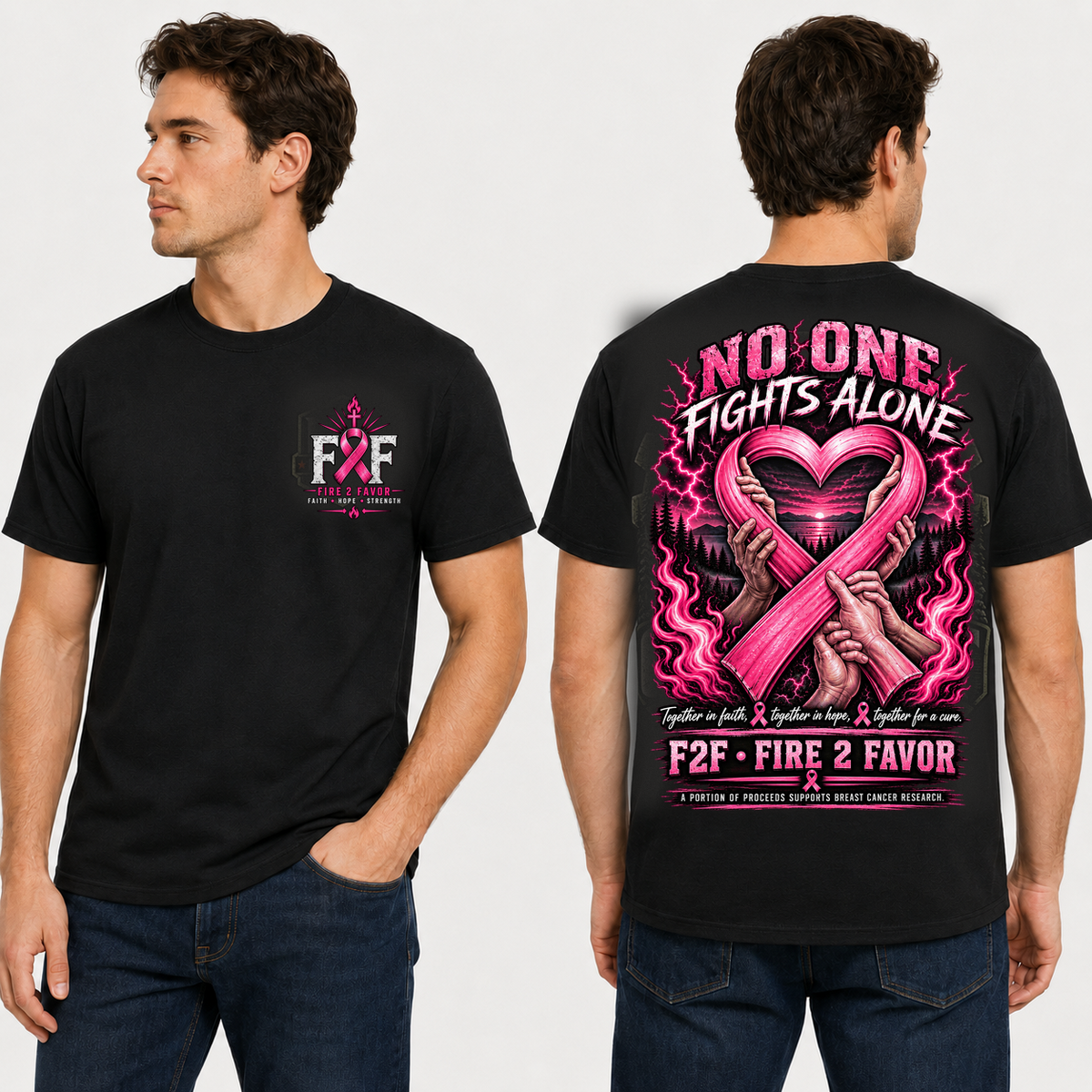 F2F Breast Cancer No One Fights Alone black tee on model, front and back views