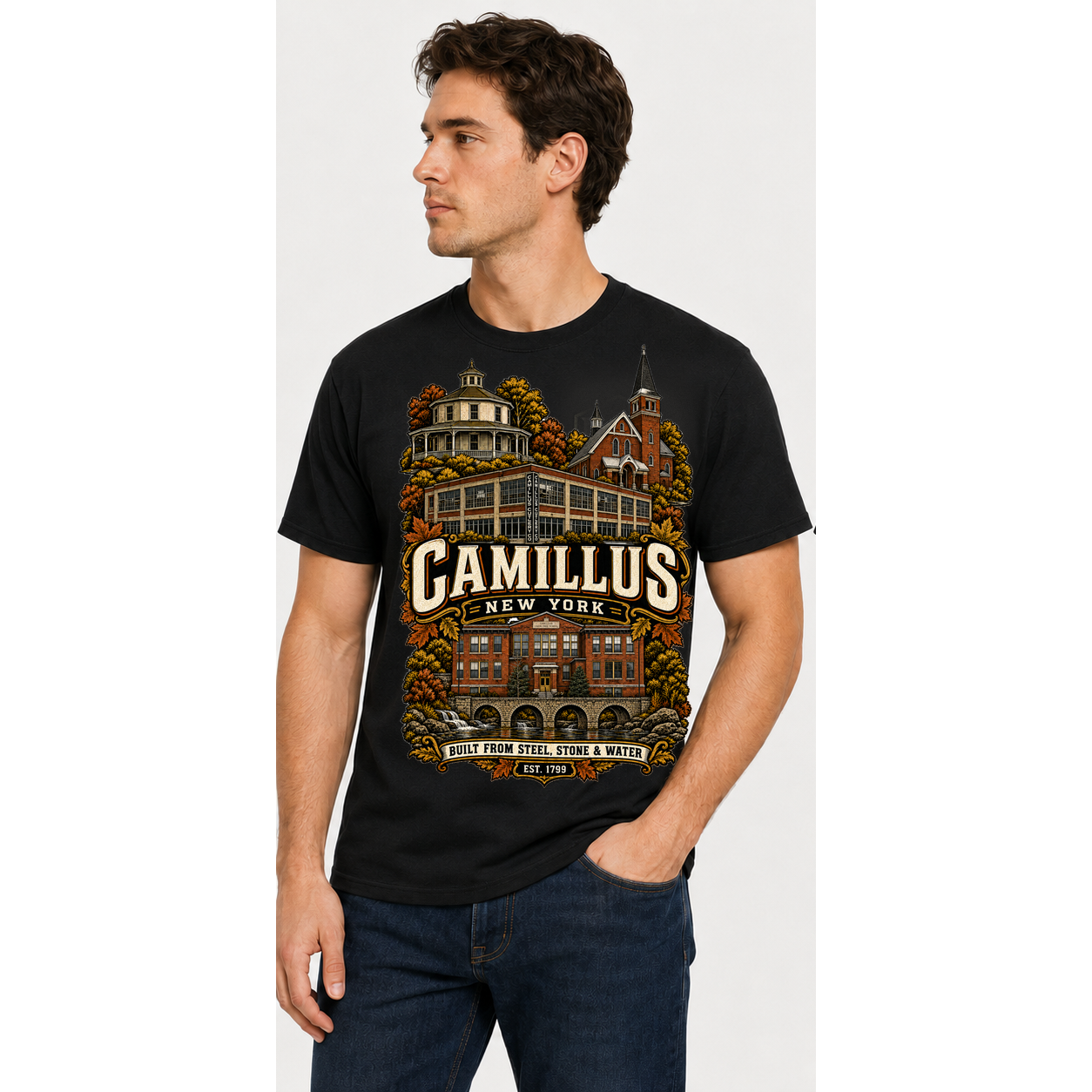 F2F Camillus Heritage black tee on model, front view