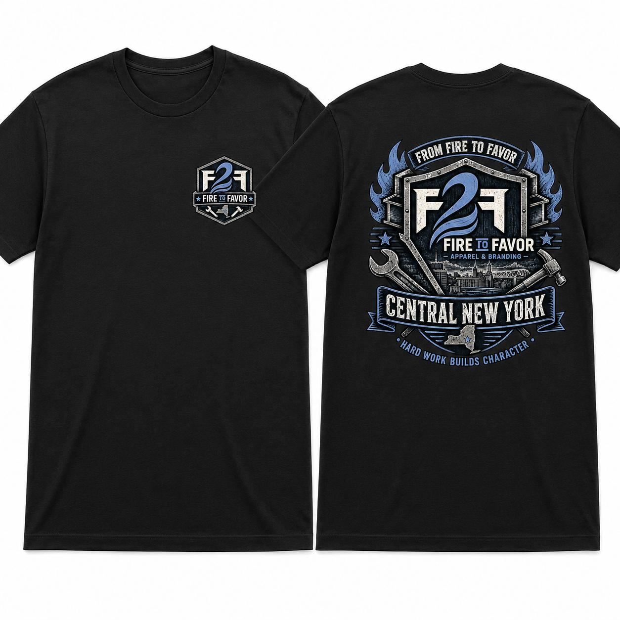 F2F Original Central New York Hard Work Builds Character black tee, front left-chest and back artwork views