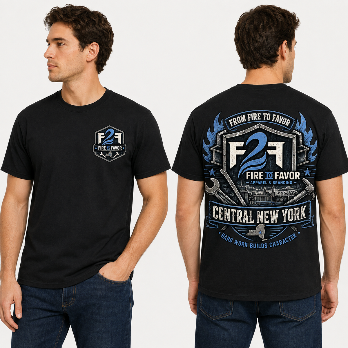 F2F Original Central New York Hard Work Builds Character black tee on model, front left-chest and back artwork views