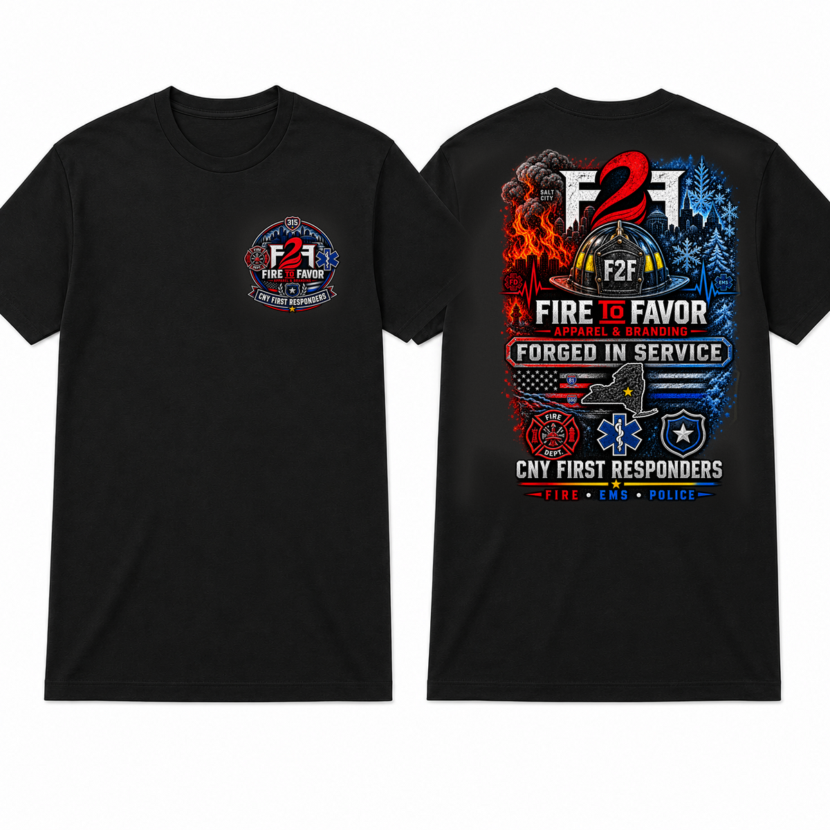 F2F Forged in Service black tee, apparel front and back views