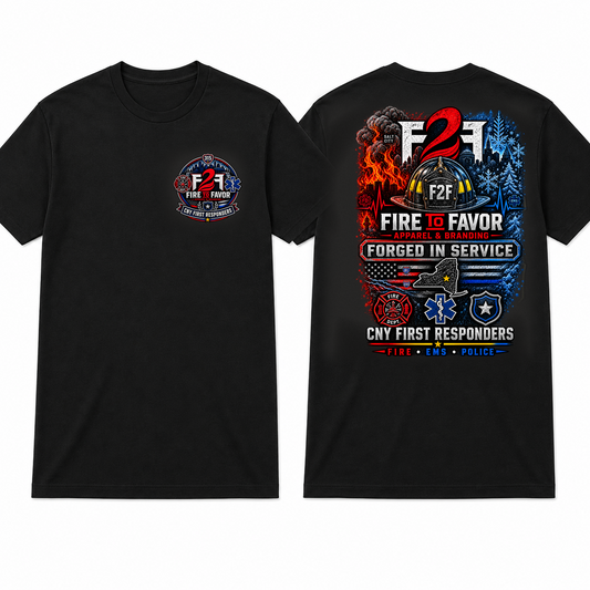 F2F Forged in Service black tee, apparel front and back views