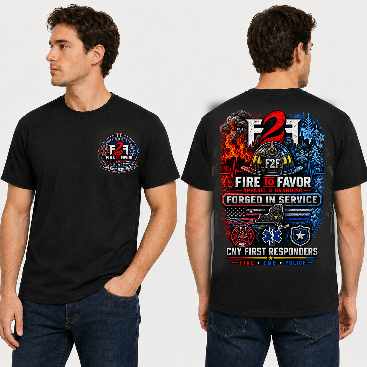 F2F Forged in Service black tee on model, front and back views