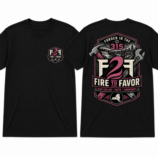 F2F Original Forged in the 315 black tee, front left-chest and back artwork views