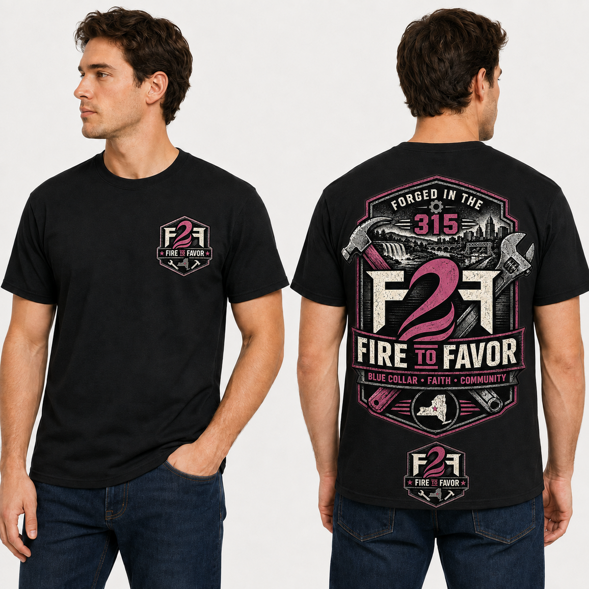 F2F Original Forged in the 315 black tee on model, front left-chest and back artwork views
