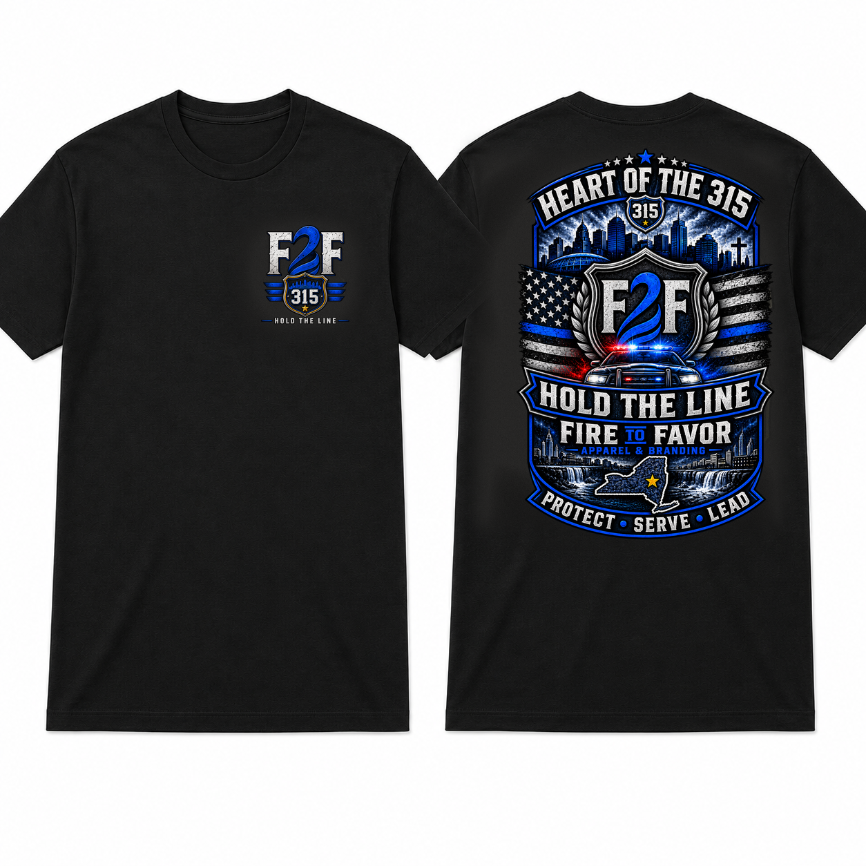 F2F Hold the Line Heart of 315 black tee, apparel front and back views