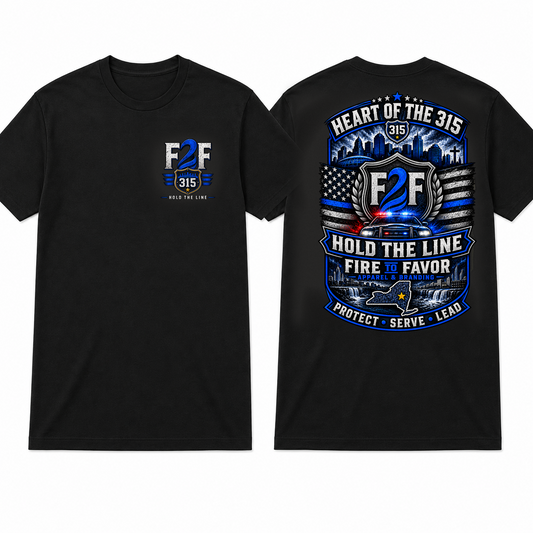 F2F Hold the Line Heart of 315 black tee, apparel front and back views