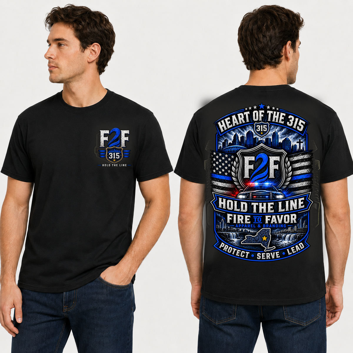 F2F Hold the Line Heart of 315 black tee on model, front and back views