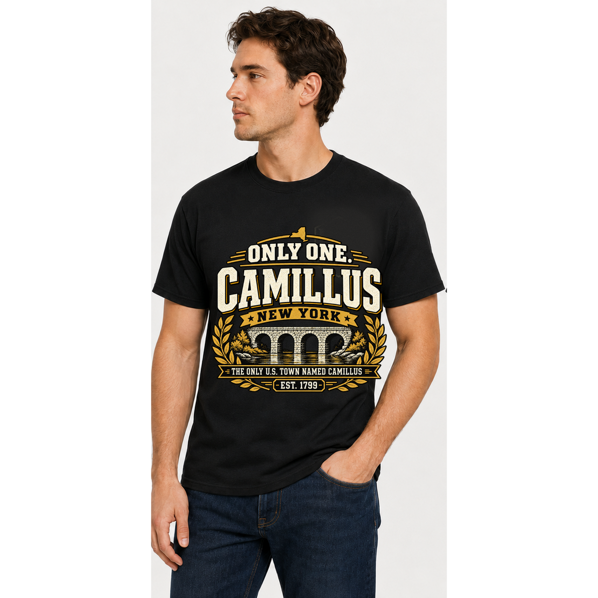 F2F Only One Camillus black tee on model, front view