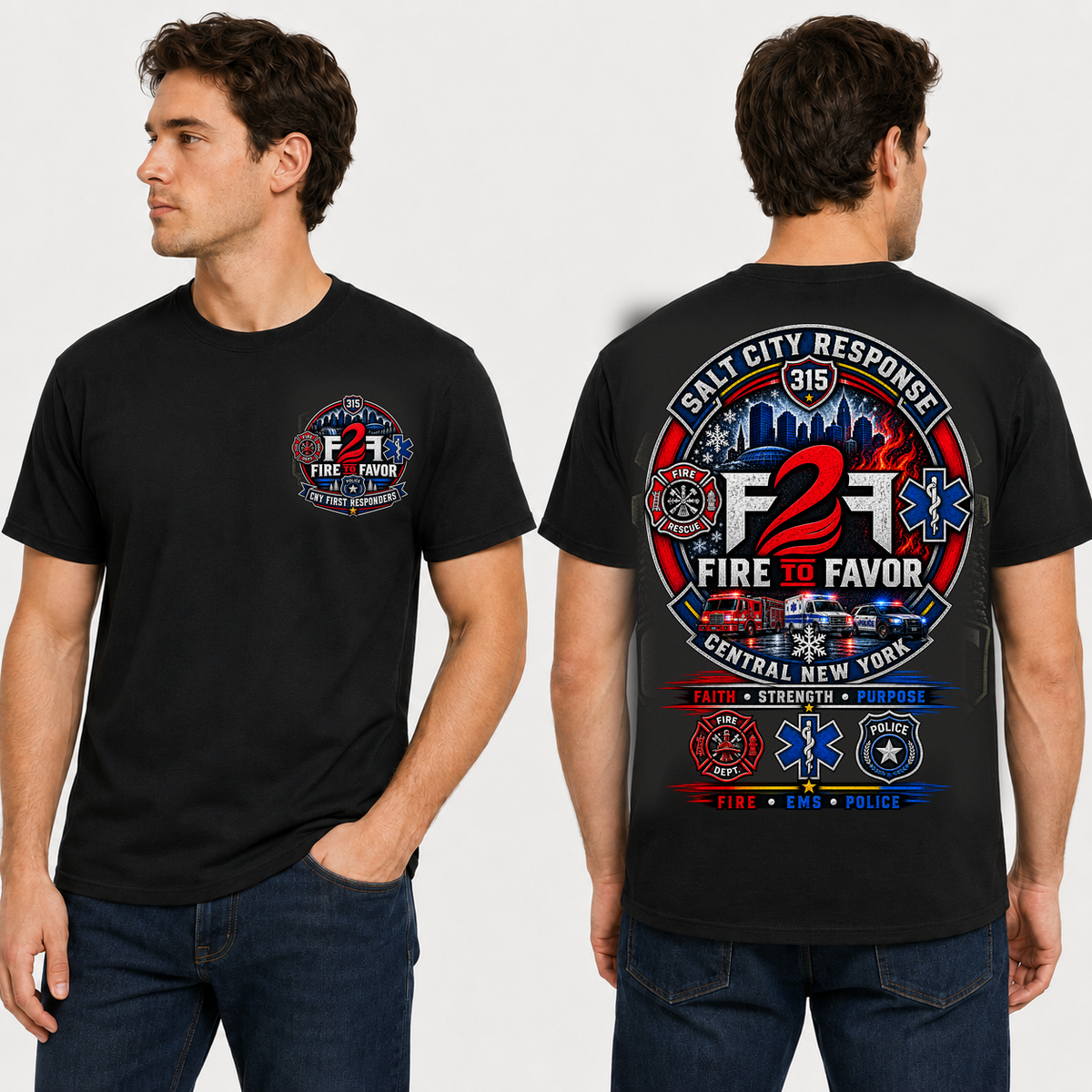 F2F Salt City Response black tee on model, front and back views