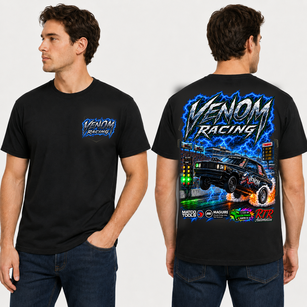 Venom Racing tee on model, front and back views