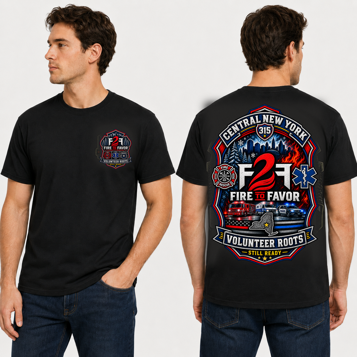 F2F Volunteer Roots black tee on model, front and back views